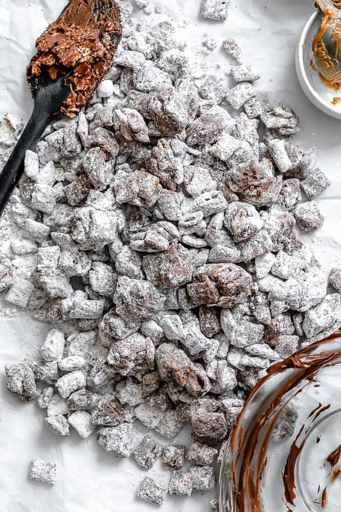 completed Easy Muddy Buddies [Puppy Chow] on a white surface