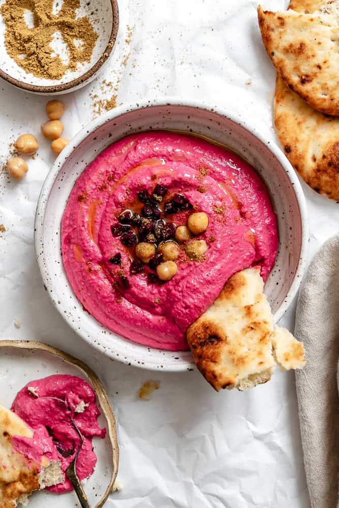 completed Easy Beet Hummus in a bowl