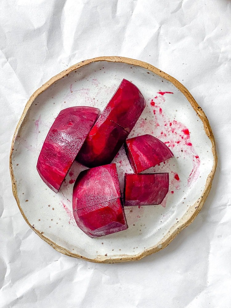process shot showing sliced beets on a plate