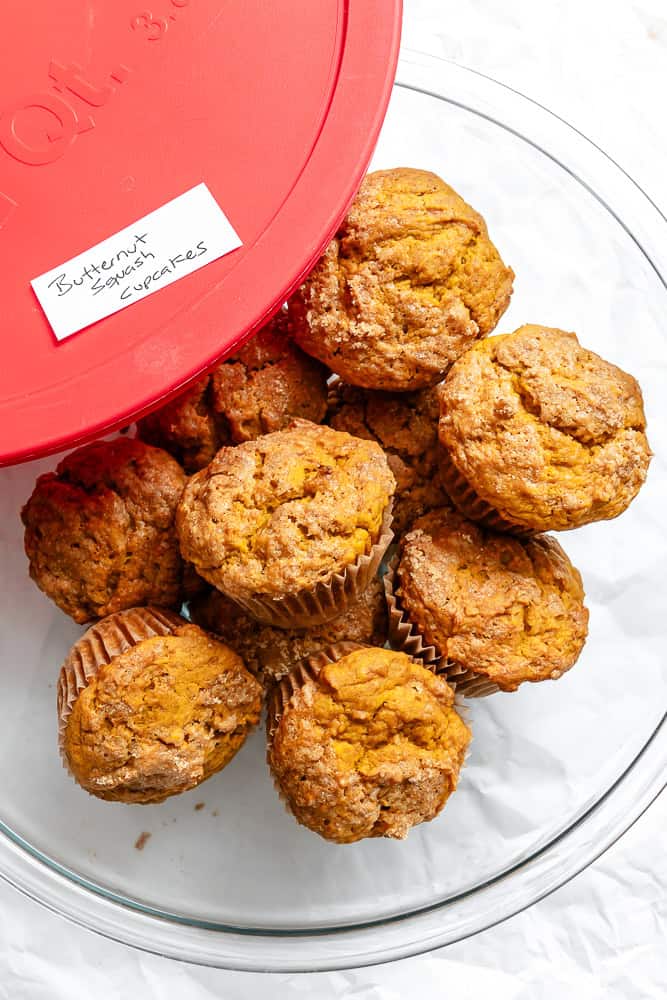 completed Butternut Squash Cupcakes in a storage container