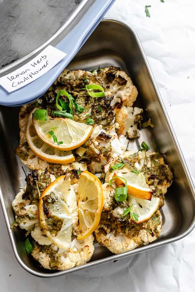 completed Roasted Cauliflower with Lemon and Herbs in a storage container