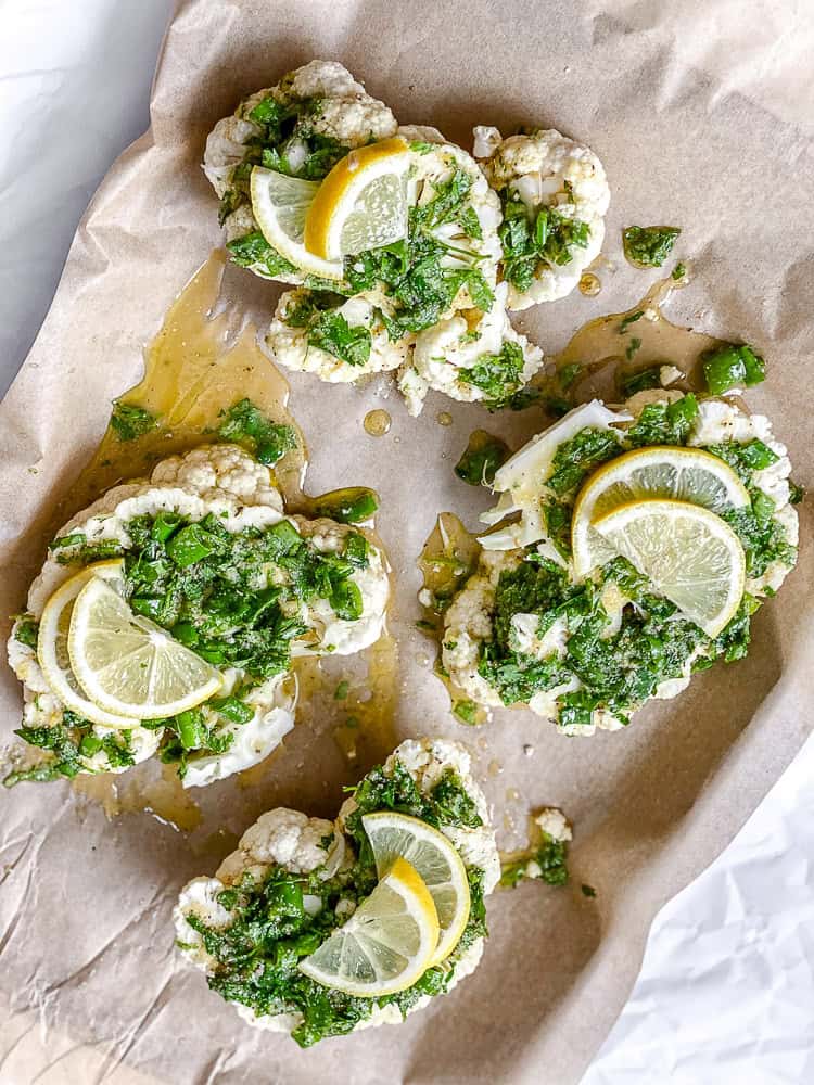 process shot showing Roasted Cauliflower with Lemon and Herbs on baking tray