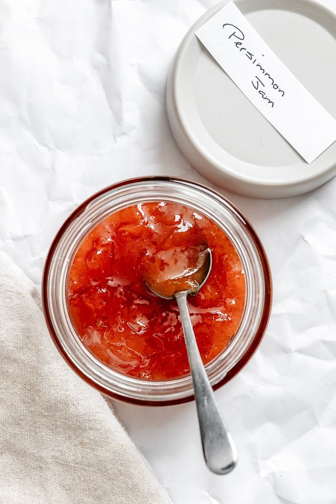 completed Easy Persimmon Jam in a storage container