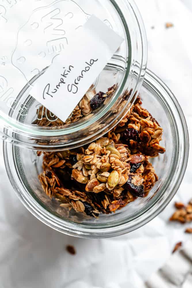 completed Maple Pumpkin Granola in storage container