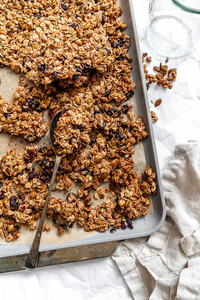 completed Maple Pumpkin Granola in baking pan