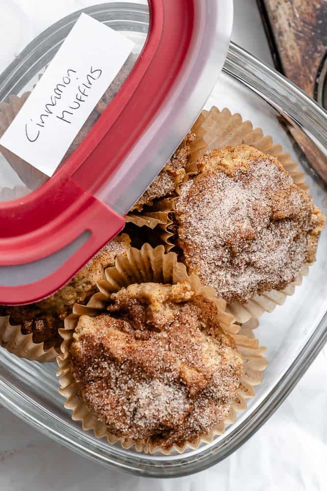 completed Easy Cinnamon Muffins in a storage container