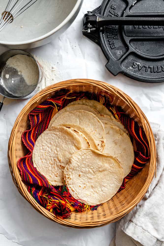 completed Homemade Corn Tortillas in a basket