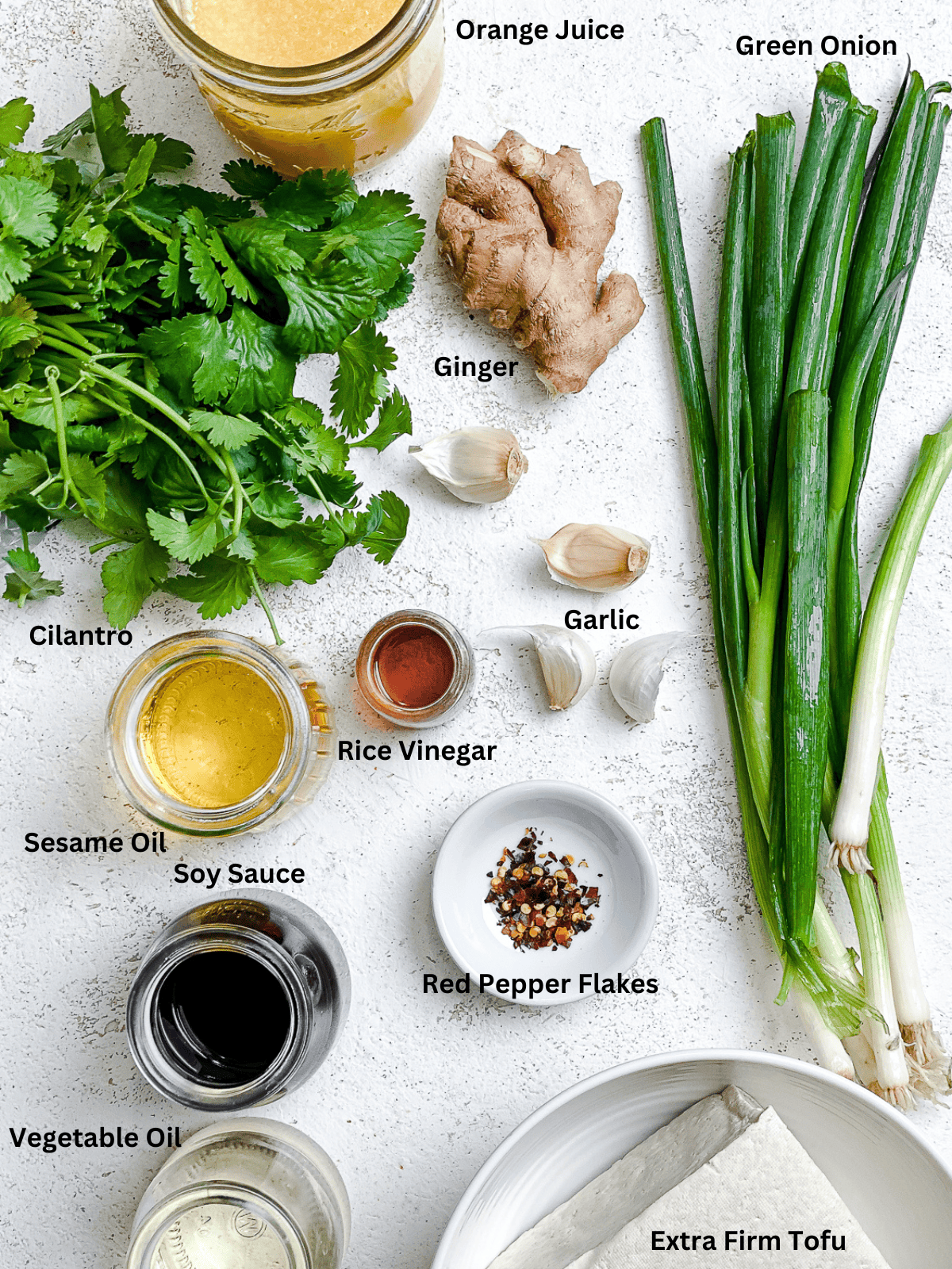 ingredients for The BEST Marinated Tofu (Ginger Tofu) measured out on a white surface