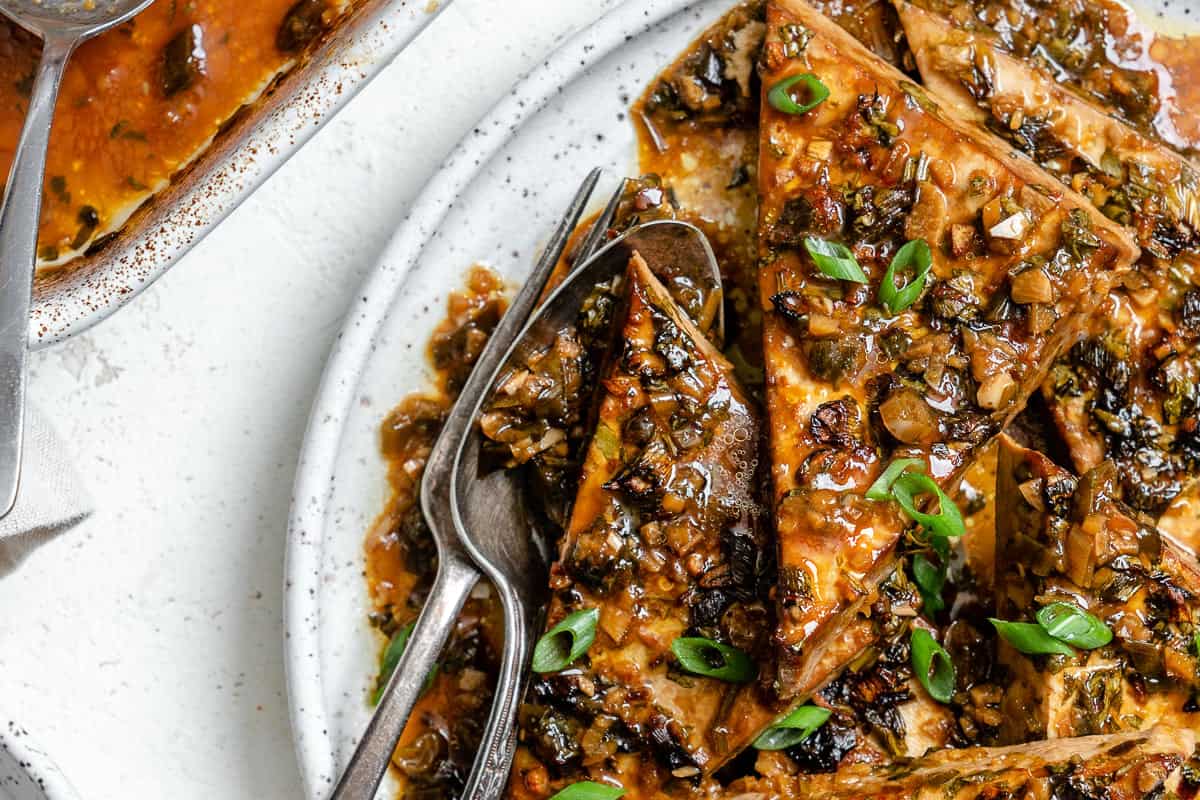 completed The BEST Marinated Tofu (Ginger Tofu) on a plate