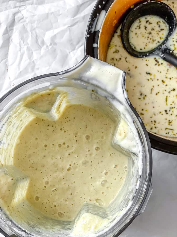 process shot showing adding blender ingredients to pan