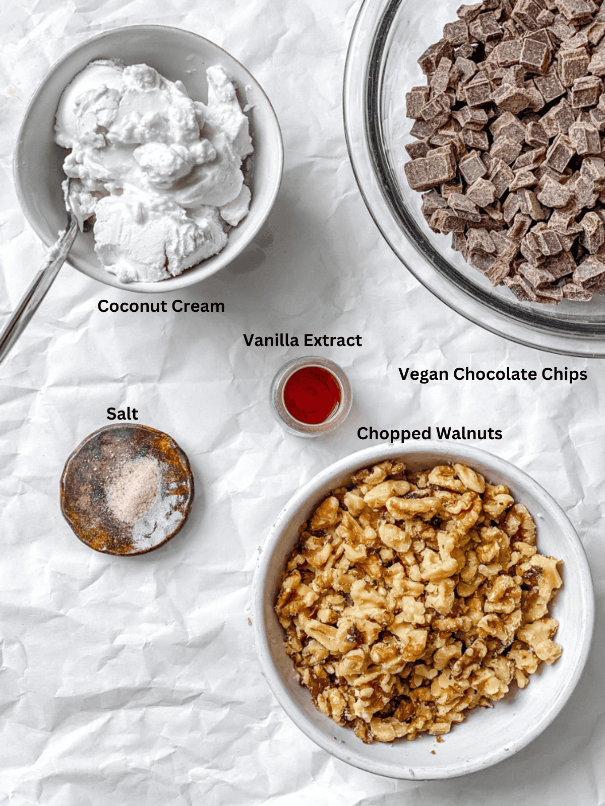 ingredients for Vegan Fudge [Easy Microwave Fudge] measured out on a white surface