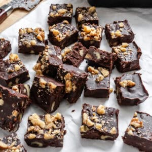 completed Vegan Fudge [Easy Microwave Fudge] on a white surface