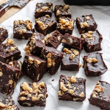 completed Vegan Fudge [Easy Microwave Fudge] on a white surface