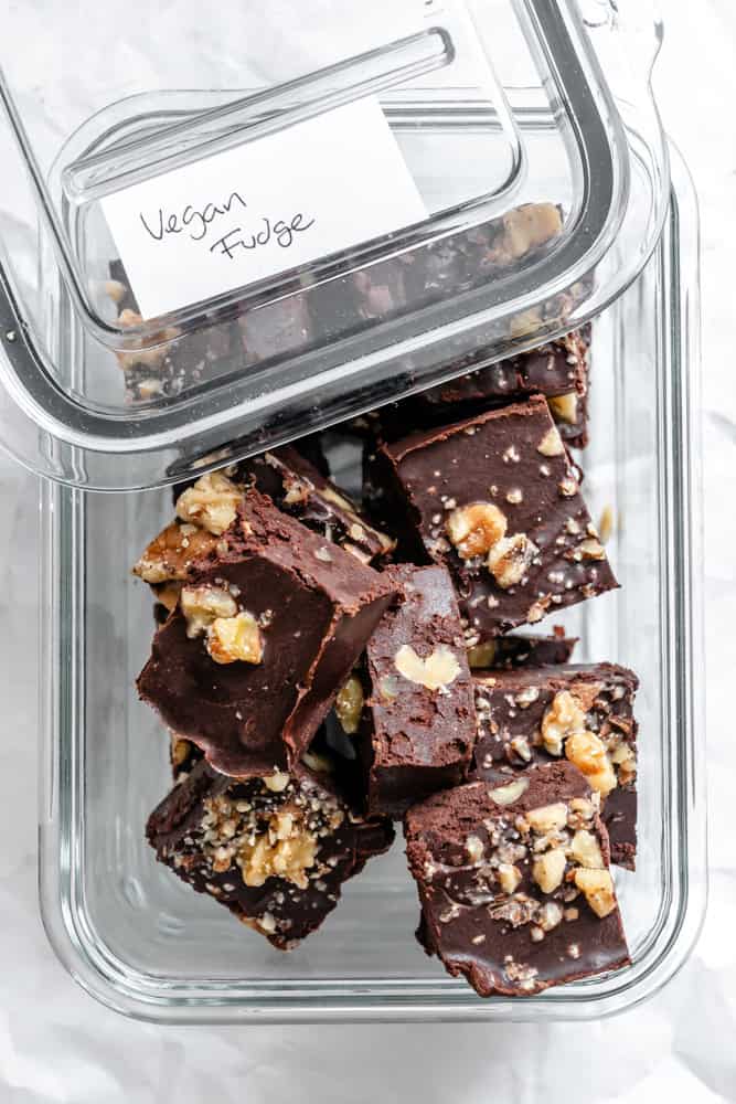 completed Vegan Fudge [Easy Microwave Fudge] in a storage container