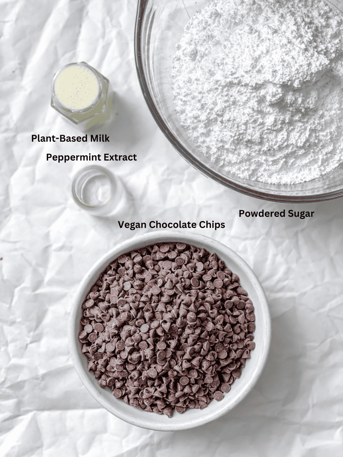 ingredients for Vegan Peppermint Patties measured out on a white surface
