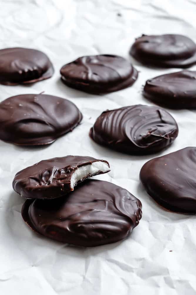 completed Vegan Peppermint Patties on a white surface