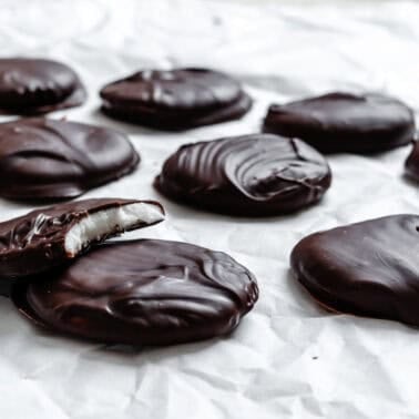 completed Vegan Peppermint Patties on a white surface