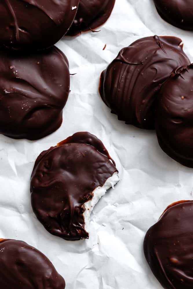 completed Vegan Peppermint Patties on a white surface