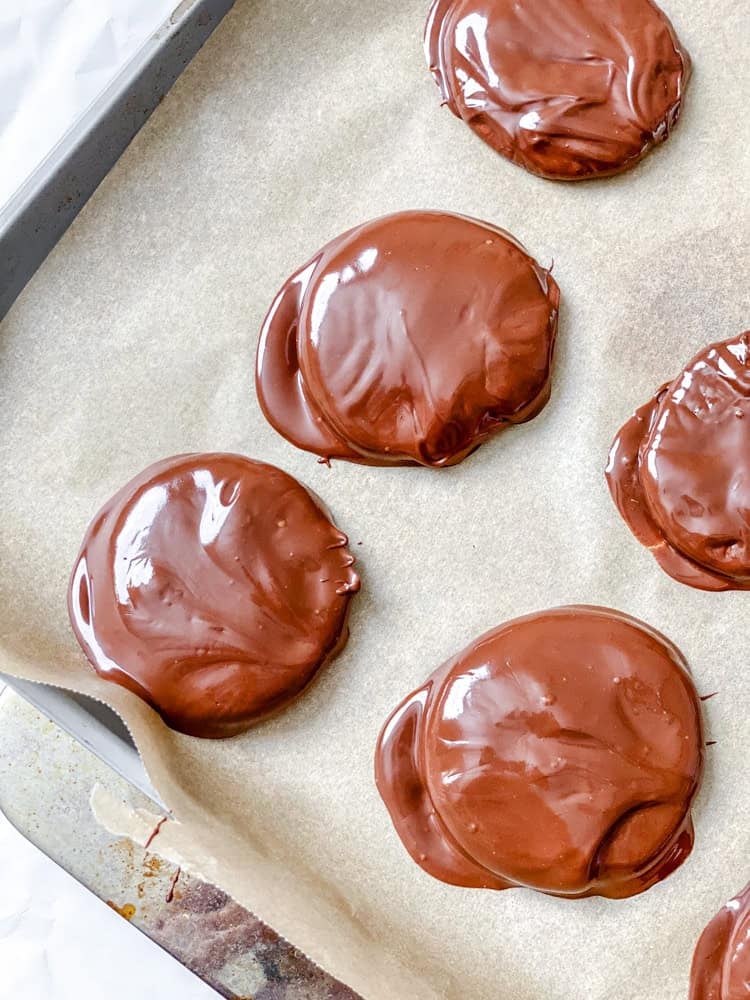 process shot showing Vegan Peppermint Patties on a baking sheet