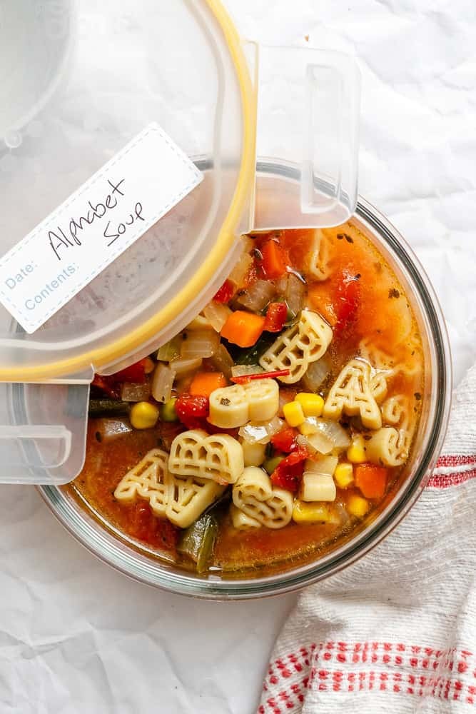 completed Alphabet Soup Recipe in a storage container