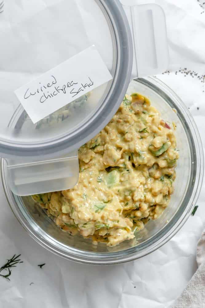 completed Easy Curried Chickpea Salad in a storage container