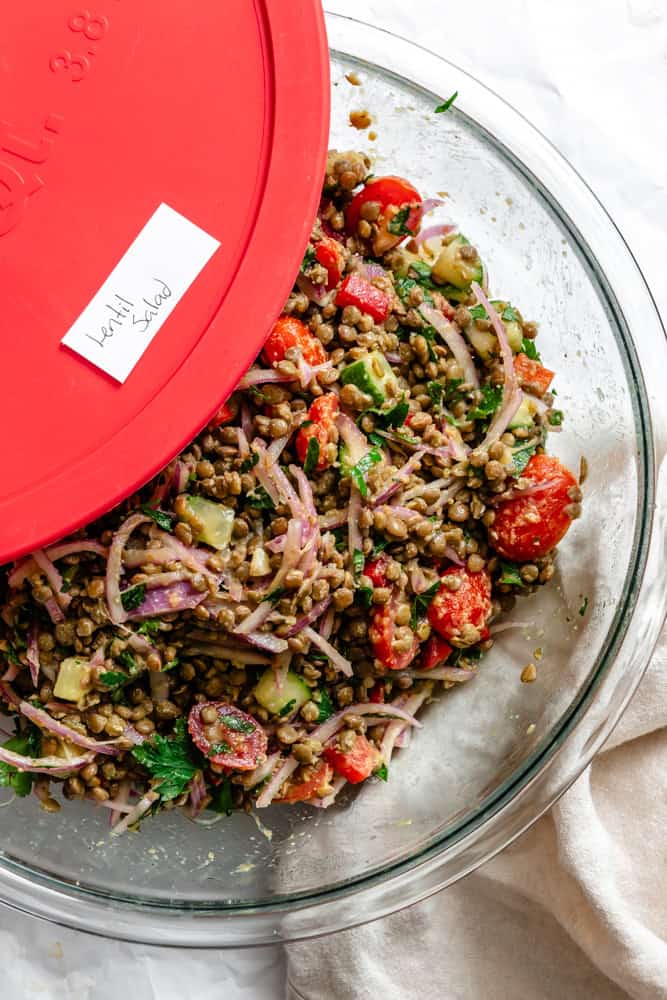 completed Easy Lentil Salad in a storage container