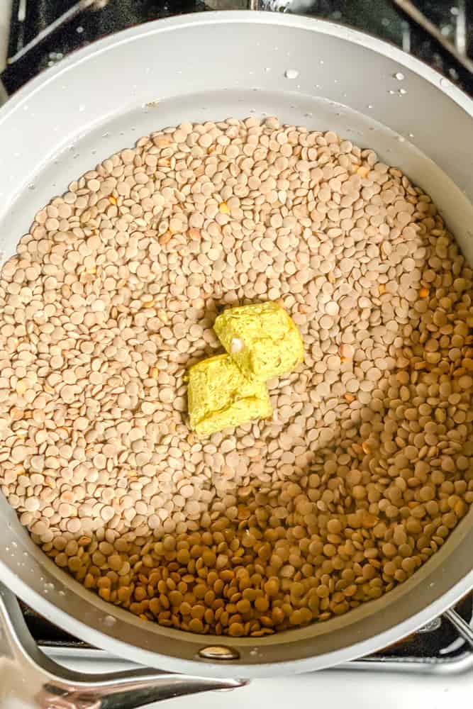 process shot showing adding cube to pot