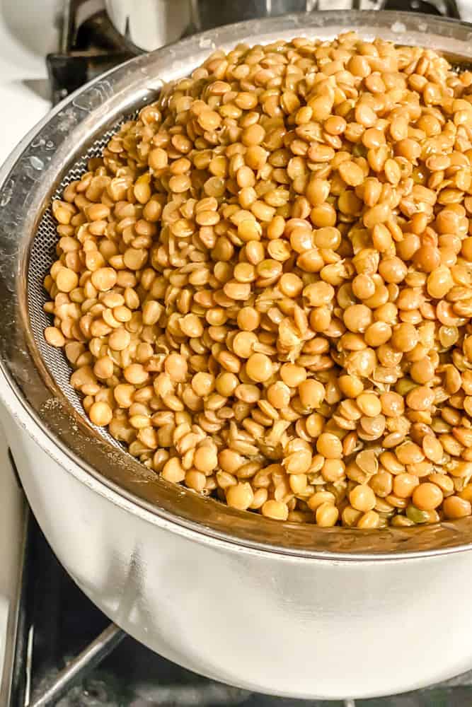 process shot showing lentils in a pot