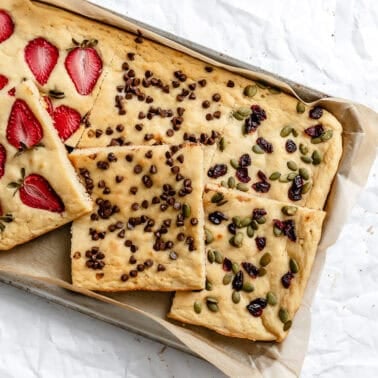 Completed Vegan Sheet Pan Pancakes in baking sheet.