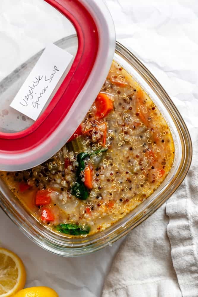 completed Quinoa Vegetable Soup in a storage container