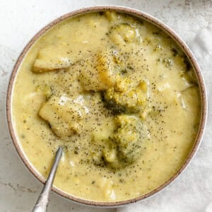 completed Vegan Broccoli Potato Soup in a bowl