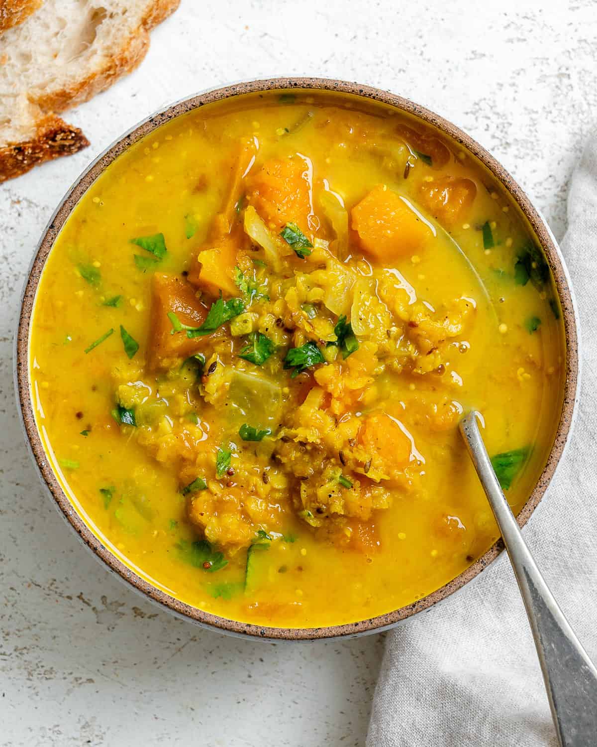 Completed Butternut Squash and Lentil Soup in a bowl.