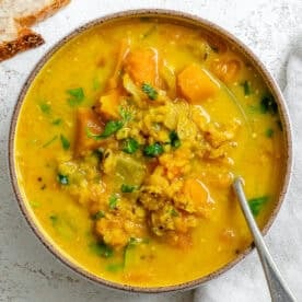Completed Butternut Squash and Lentil Soup in a bowl.