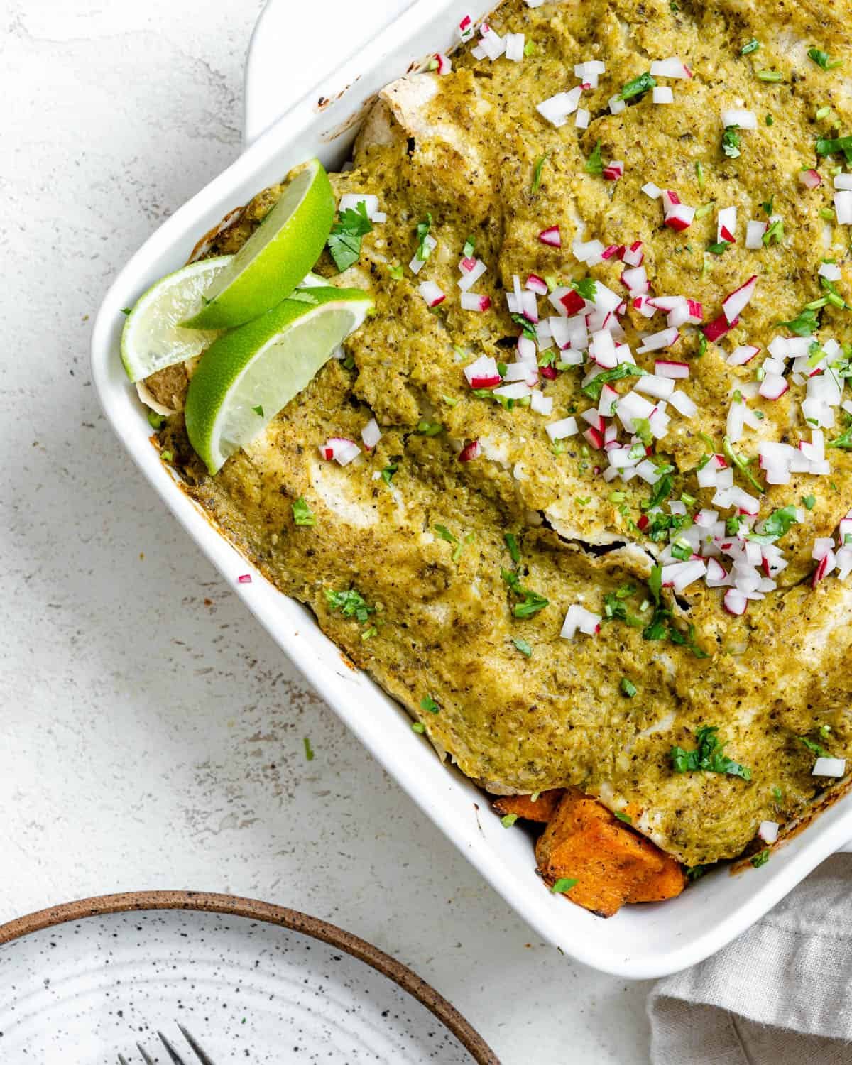 completed Butternut Squash Enchiladas Verdes [or Kabocha, Pumpkin] in baking dish