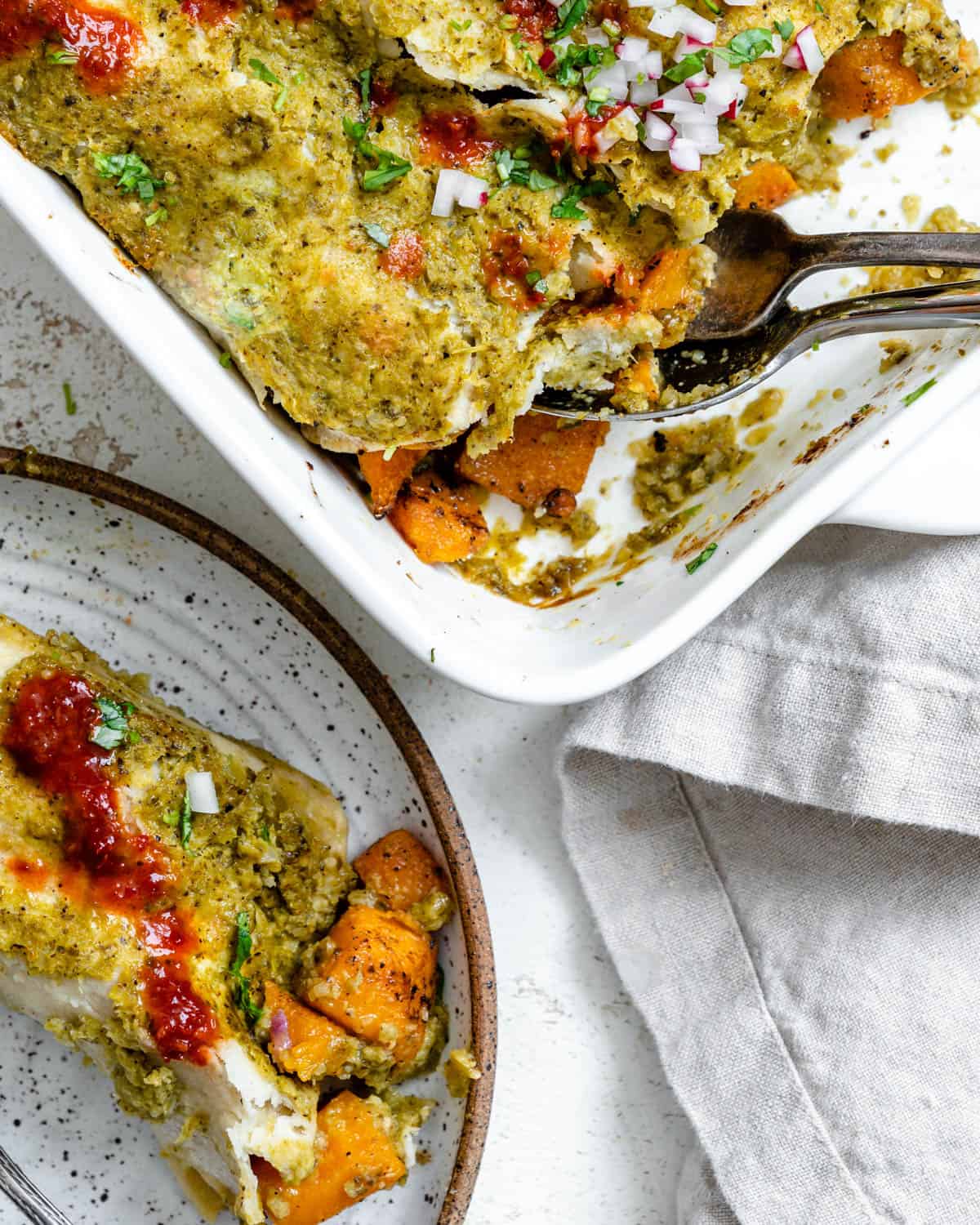 completed Butternut Squash Enchiladas Verdes [or Kabocha, Pumpkin] in baking dish and plate