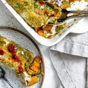 completed Butternut Squash Enchiladas Verdes [or Kabocha, Pumpkin] in baking dish and plate