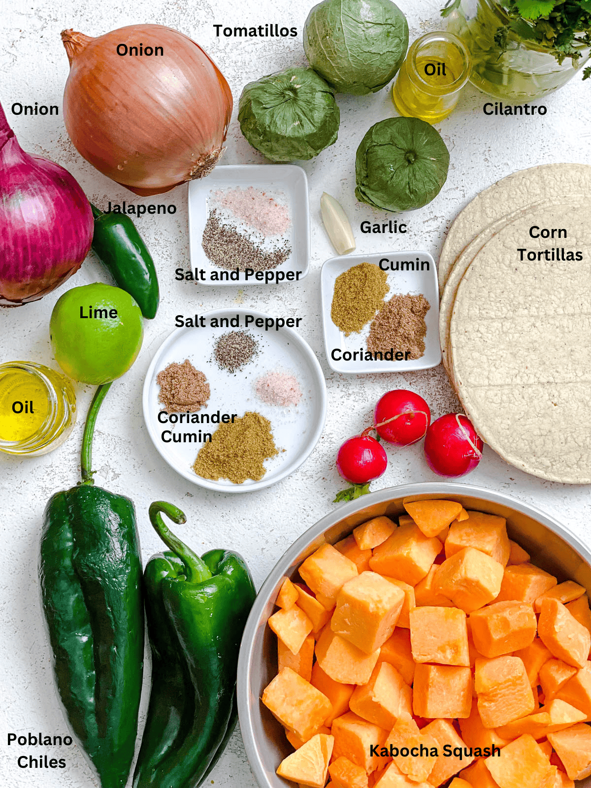 ingredients for Butternut Squash Enchiladas Verdes [or Kabocha, Pumpkin] measured outon a white surface