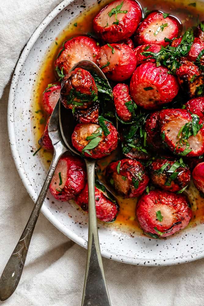 Completed Roasted Radishes on a plate.