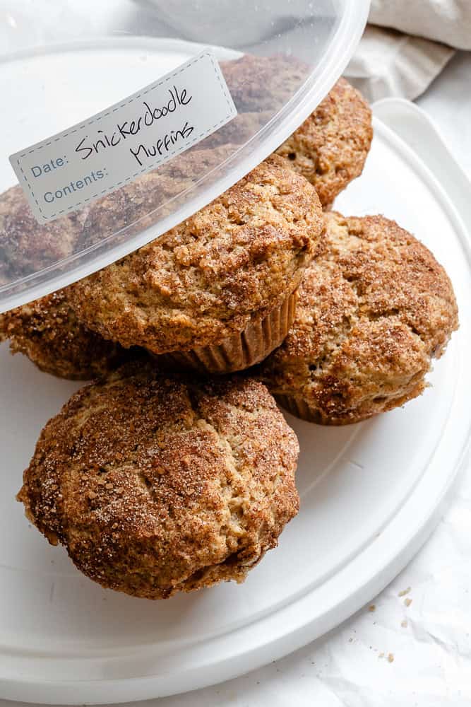 Completed Snickerdoodle Muffins (Egg-Free) in a storage container.