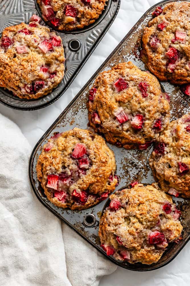 Completed Strawberry Banana Muffins (Egg-Free) in muffin tin.