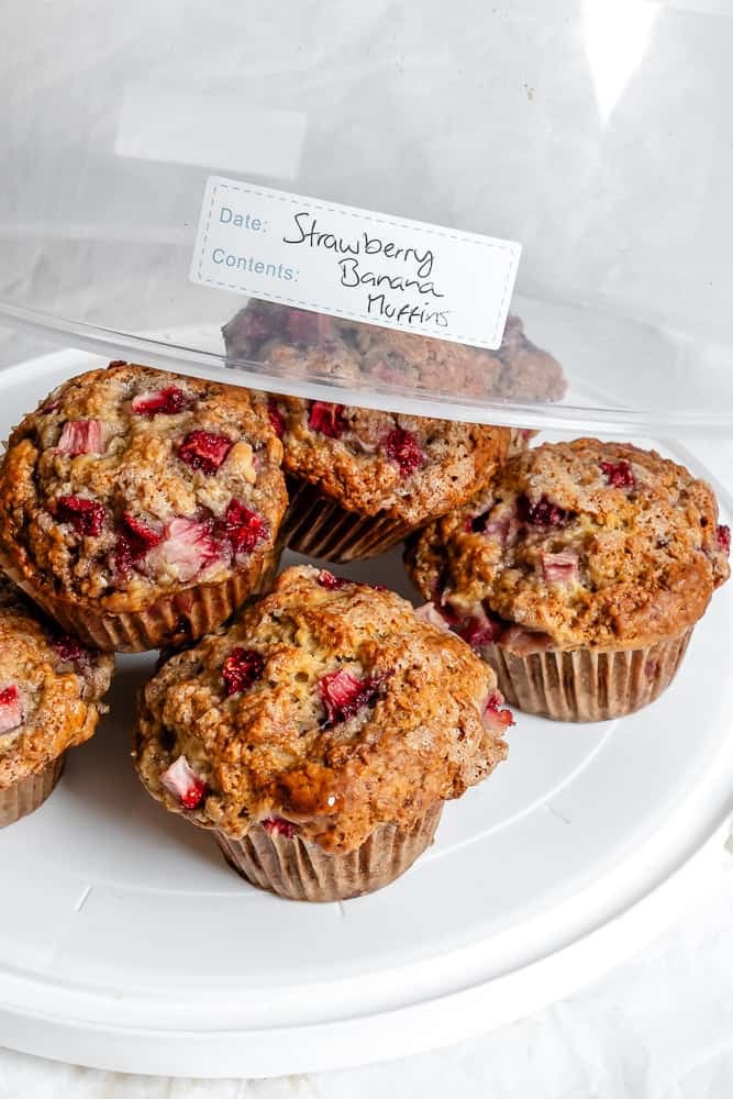 Completed Strawberry Banana Muffins (Egg-Free) in storage container.