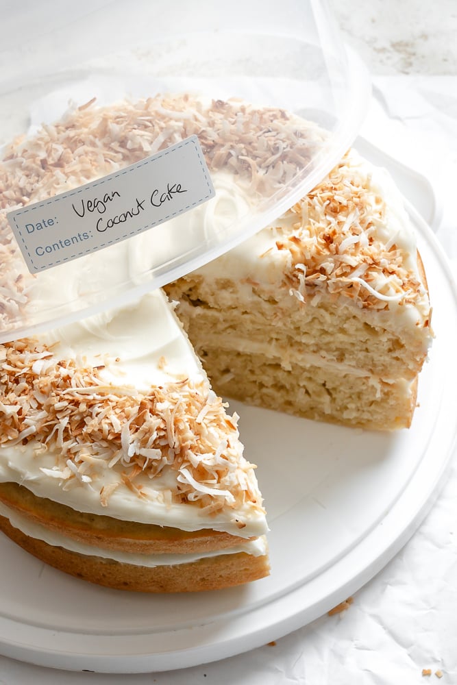 Completed Vegan Coconut Cake in storage container.