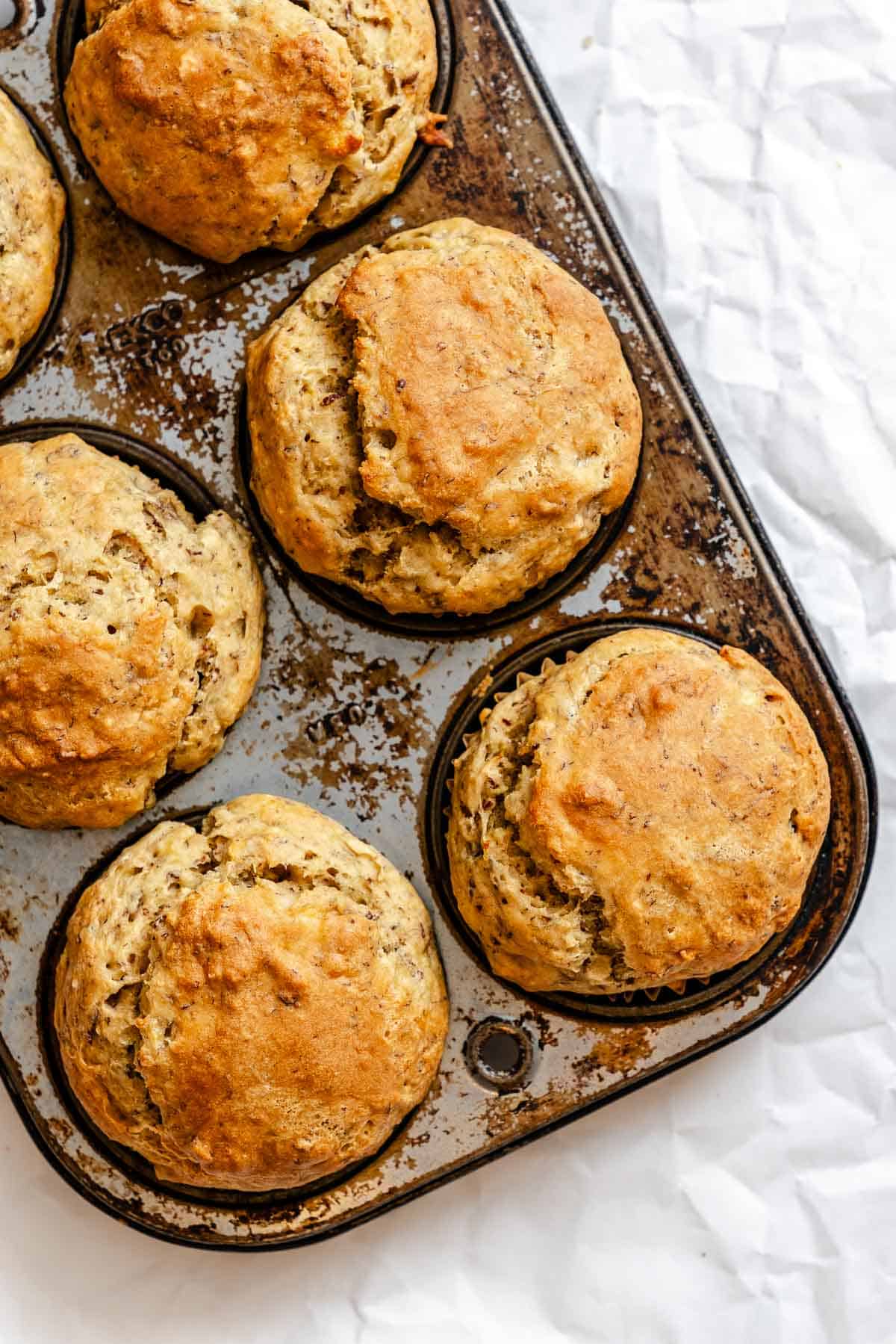 Completed Banana Applesauce Muffins (Oil-Free!) in muffin tin.
