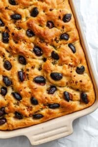 Completed Vegan Focaccia (Garlic and Herb) in baking dish.