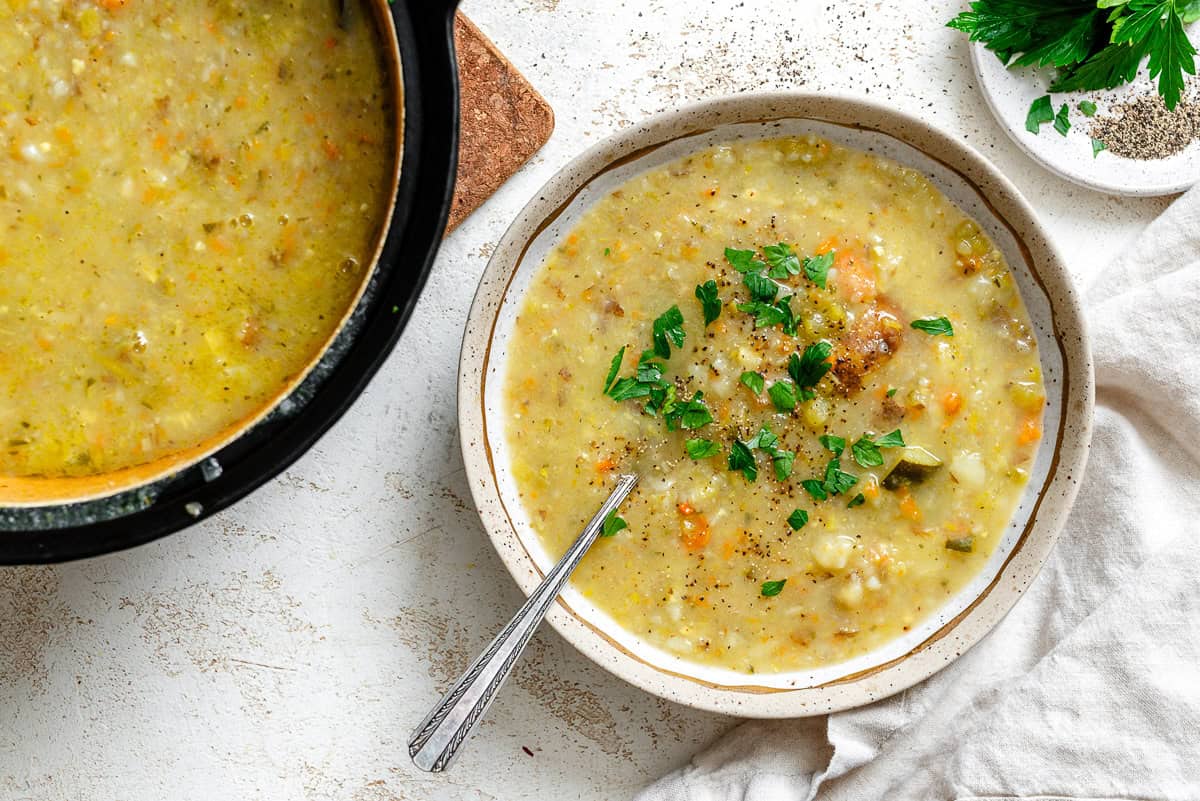Completed Vegan Potato Soup (with vegetables) in a bowl.