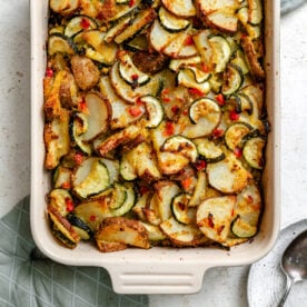Completed Zucchini Potato Bake in baking dish.