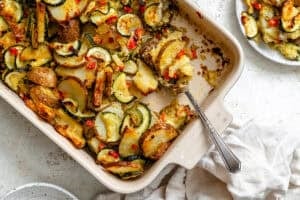 Completed Zucchini Potato Bake in baking dish.