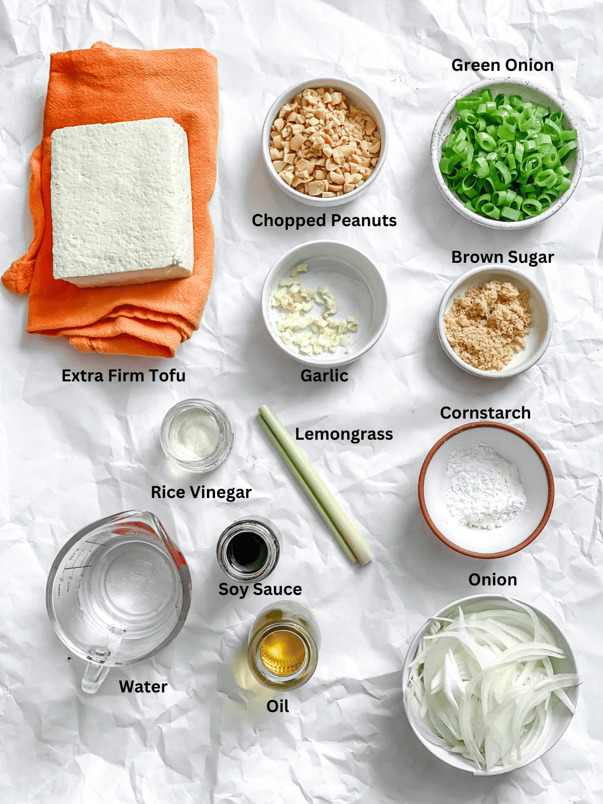 Ingredients for Lemongrass Tofu measured out on a white surface.