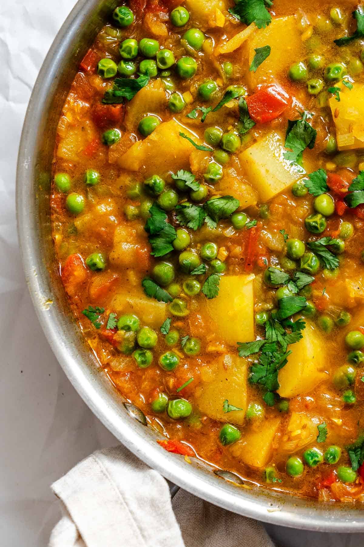 Completed Easy Potato and Pea Curry (Aloo Matar) in pot.