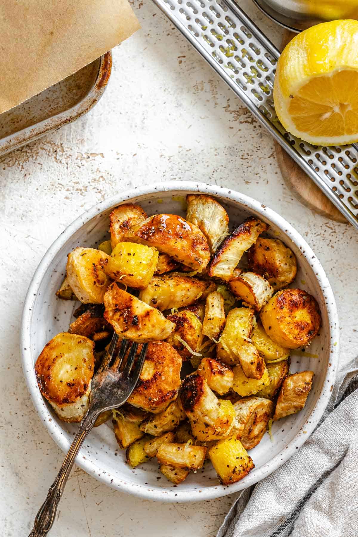 Completed Roasted Parsnips in a bowl.
